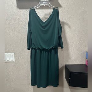 Green off the shoulder INC international concept dress, with gold detailing